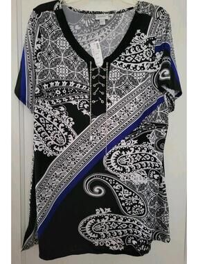 Avenue Plus 18 20 Floral Tunic NWT Black White Blue Flowy Top Chain Detail